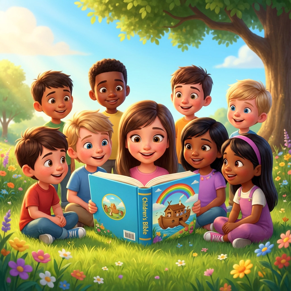 Crianças lendo a Bíblia felizes